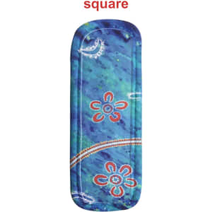 An Icy Pole Holder in blue with a floral pattern. It features a logo and a rectangular shape.