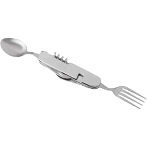 A stainless steel camping cutlery tool featuring a spoon, fork, and bottle opener, with a sleek, compact design.