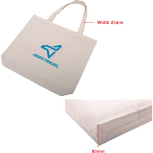 A cotton tote bag in natural colour with blue branding, featuring sturdy handles and a square base.