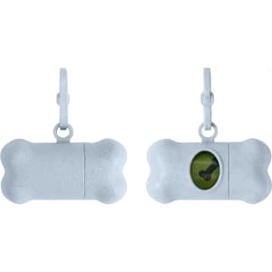 A bone-shaped pet waste bag dispenser in light grey with a hook for attachment and a small opening for bag access.