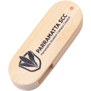 A wooden swivel flash drive in a natural finish, featuring a logo on one side.