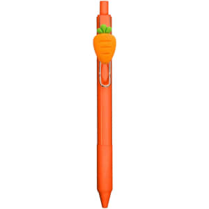 An orange pen featuring a carrot-shaped clip design and a branding logo.