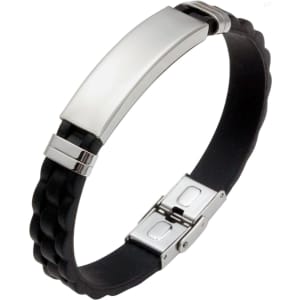 A stainless steel buckle latch bracelet with a sleek silver clasp and a black braided design.