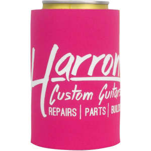 A drink bottle holder in vibrant pink, suitable for cans, featuring a logo.