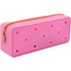 A pink silicone pencil case with heart-shaped holes and an orange zipper. It features a simple, rectangular design.