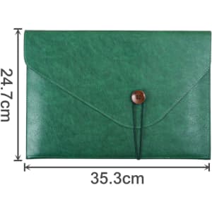 A green PU leather folder with a button closure, measuring 35.3 cm by 24.7 cm. It features a logo.