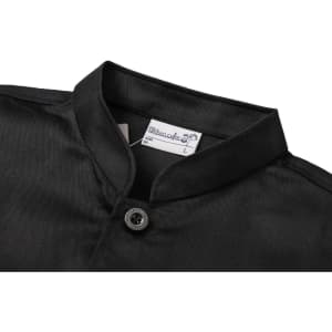 A black classic 3/4 sleeves single breasted chef jacket with a mandarin collar and button closure.