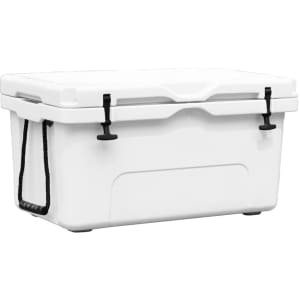 A white 65L cooler box with black handles and a secure lid, featuring a logo on one side.