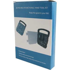 A blue box containing a 22-in-1 multifunctional hand tool set, with various tools visibly arranged inside.