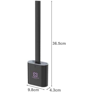 A silicone toilet brush in black with a slender handle and a circular base, featuring a logo. Dimensions provided.