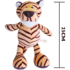 A plush tiger toy in orange and brown stripes, featuring a friendly face, standing 25 cm tall. It has a branding label.
