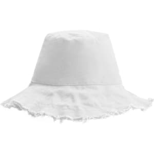 A white Raw Edge Bucket Hat with a frayed brim and an inner logo label.