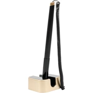 A fixed signature pen in black, mounted on a beige base with a coiled cord attached.