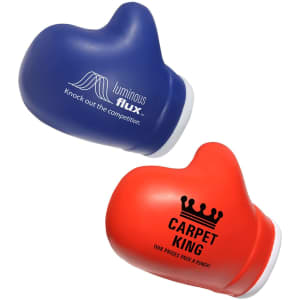 A red and blue boxing glove shape stress reliever with branding.