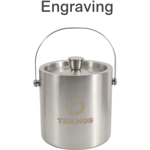 A silver ice bucket with a lid and a handle, featuring a logo on the front.