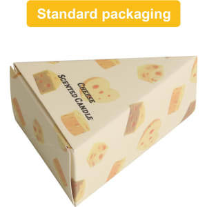 A triangular box featuring illustrations of cheese, containing scented cheese-shaped candles in yellow and cream.