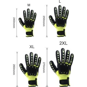 Heavy duty safety work gloves in bright yellow and black, featuring a wrist lock and palm guard, displayed in various sizes.