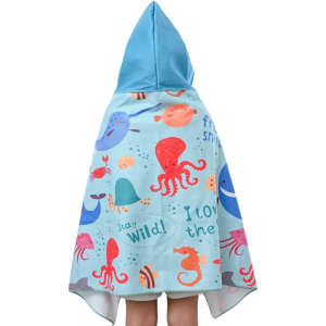 A hooded towel featuring a blue background with colourful ocean creatures, including octopuses and fish.