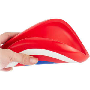 A red and white PU soft frisbee held in a hand, featuring a smooth, curved design.