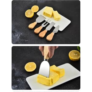 A cheese board set with four stainless steel knives featuring wooden handles, displayed with butter and lemons on a white plate.