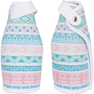 A drink bottle cooler featuring a pastel geometric pattern in pink, blue, and white, with a fastening strap and logo.
