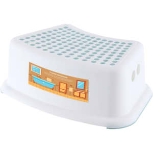 A white plastic step stool with a textured surface and a branding logo on the side.