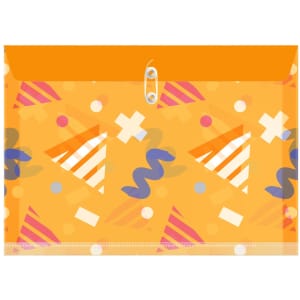 A folder featuring an orange background with colourful geometric patterns and a snap closure. It has a logo.
