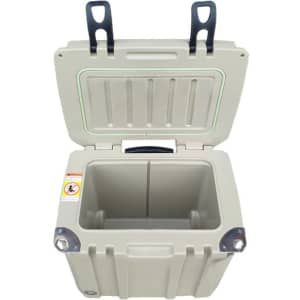 A 31L cooler box in cream with black handles, featuring an open lid and a spacious interior.