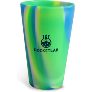A custom silicone cup in green and blue with a logo on its side.