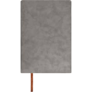 A grey PU leather notebook with a brown elastic band at the side, featuring a smooth texture and a branded logo.