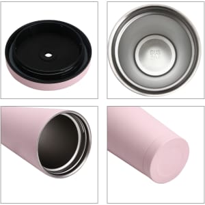 A pink stainless steel tumbler with a straw, featuring a double wall design. It has a textured surface and a logo.