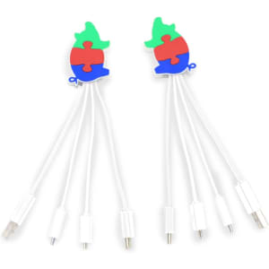 Two PVC custom charging cables with puzzle piece designs in green, blue, and red, featuring multiple connectors on white cables.