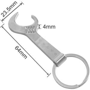 A drink bottle opener in the shape of a silver wrench, featuring a keyring attachment and a logo.