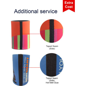 A stubby holder with a colourful design, featuring a taped seam and branding elements, displayed from multiple angles.