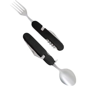 A camping cutlery tool featuring a fork and spoon, with a textured black handle and a stainless steel finish.