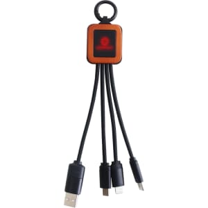 A square-shaped light-up charging cable in black with multiple connectors, featuring a branding logo.