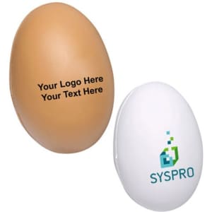 A brown and a white egg-shaped stress reliever with branding. One has a smooth finish, the other a logo.