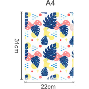 An A4 L-shaped open folder featuring a vibrant design with blue leaves, pink, yellow, and red shapes on a white background.