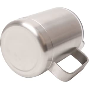 A stainless steel 10oz mug featuring a handle and a smooth, reflective surface. It has a minimalist design.