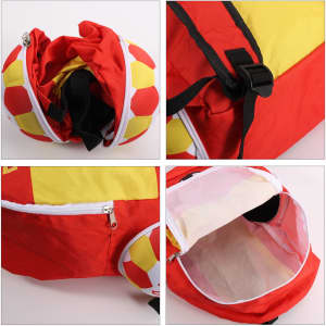 A foldable gym bag in bright red and yellow with a zippered opening and straps, featuring a logo.