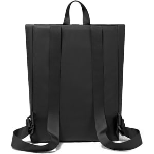 A black tarpaulin roll top backpack featuring two adjustable shoulder straps and a loop handle.