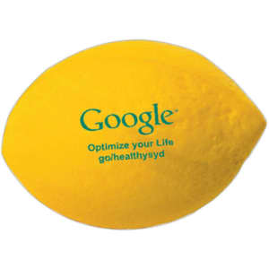 A yellow lemon-shaped stress reliever with a logo and text on its surface.