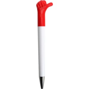 A red and white pen features a thumbs-up design on top and has a silver tip. It includes a logo on the barrel.
