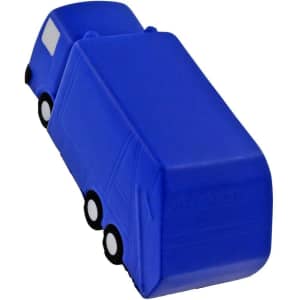 A blue garbage truck-shaped stress reliever with a simple design and black wheels, featuring a logo on the surface.