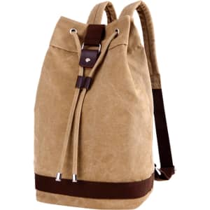 A tan canvas bucket backpack with brown accents and adjustable straps. It features a drawstring closure and logo.