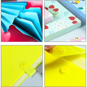 Expandable file folders in blue, pink, and yellow, featuring various designs and closure mechanisms. Includes a logo.