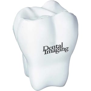 A white tooth-shaped stress reliever with a logo, designed as a fun keyring for stress relief.