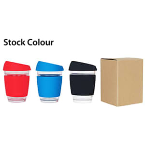 A drink bottle featuring three reusable glass coffee cups in red, blue, and black, alongside a plain cardboard box.