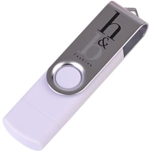 A white and silver double-end Belton micro USB flash drive with a branded logo.