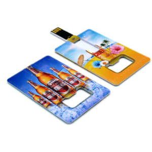 A drink bottle opener flash drive in a card shape featuring bright colours and a logo.